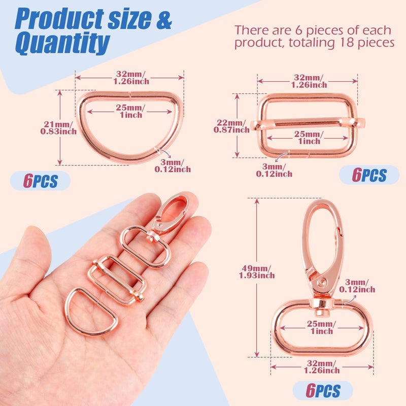 PECMER Purse Hardware for Bag Making 1 Inch Buckles for Straps-18 Pcs Rose Gold Swivel Clasp Snap Hooks D Ring Slider Buckles for Bag Purse Strap Dog Collar Making Supplies - Image 2